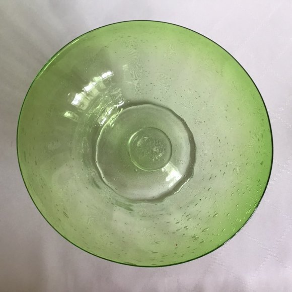 Hand Blown Art Glass Bubble Green glass Pedestal Bowl - Picture 7 of 9